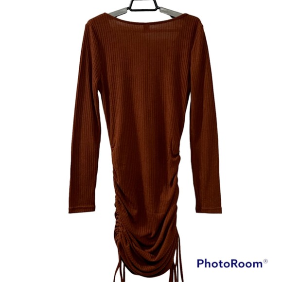 Shein Womens Brown V-Neck Knitted Ruched Bodycon Long Sleeve Dress Size Large - Picture 2 of 11
